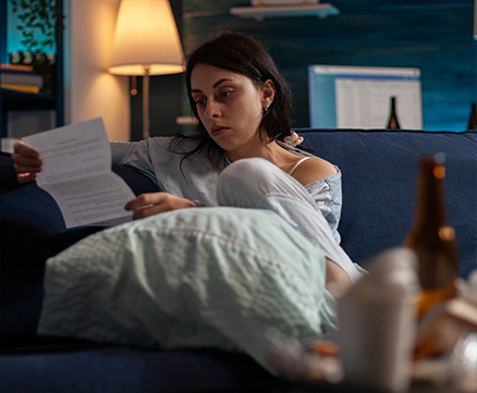 Adult lying in dark bedroom, staring at alarm clock on nightstand
